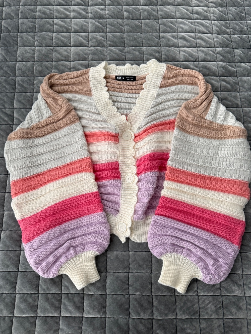 SHEIN Cream Multicolor Striped Button Cardigan with Pink & Lavender Accents